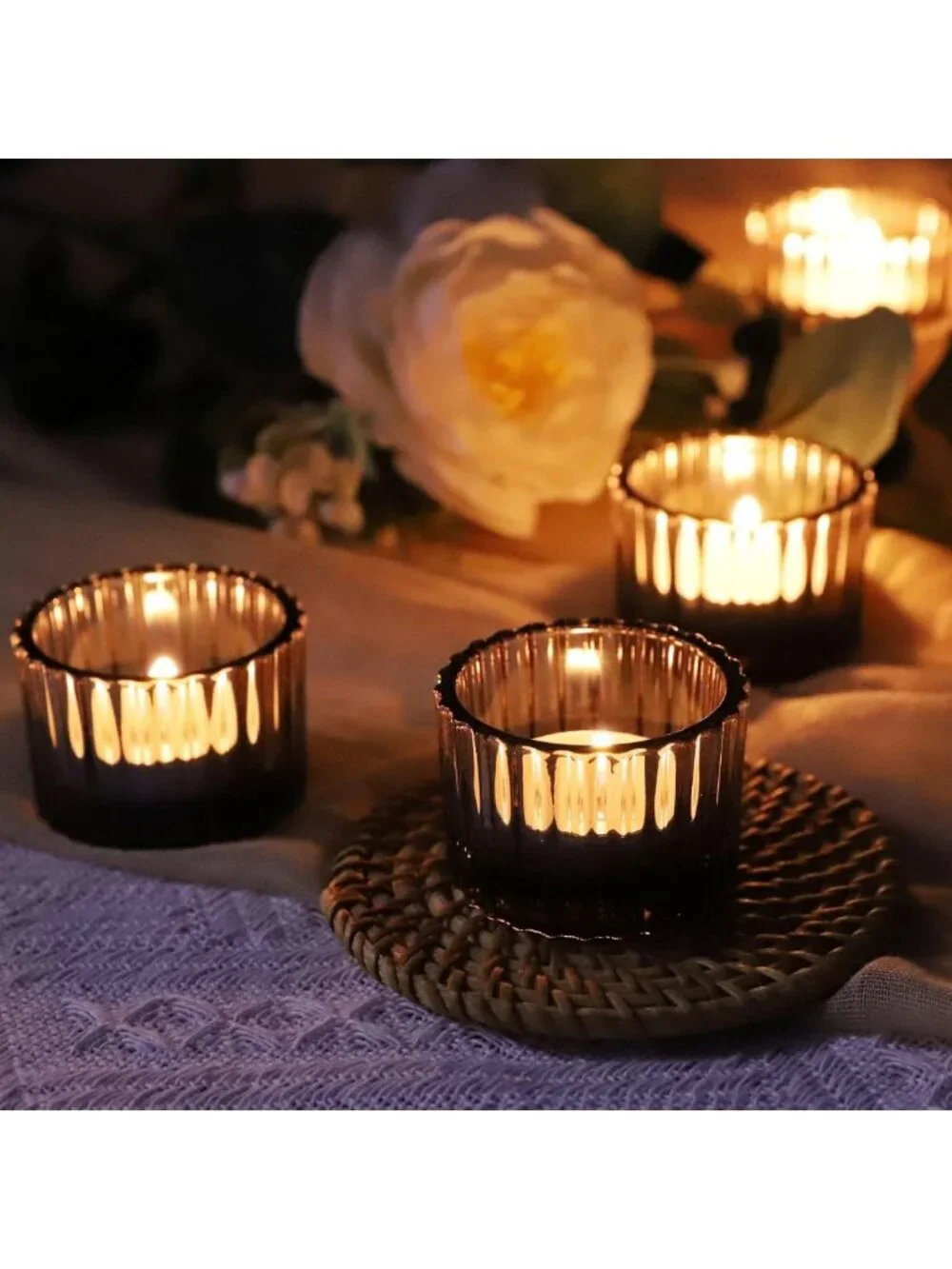 24pcs Smoky Grey Ribbed Tealight Candle Holders - Elegant Votive Decor